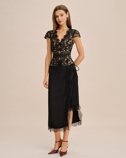 Black Lace V-Neck Button Blouse, Cap Sleeve - view 5