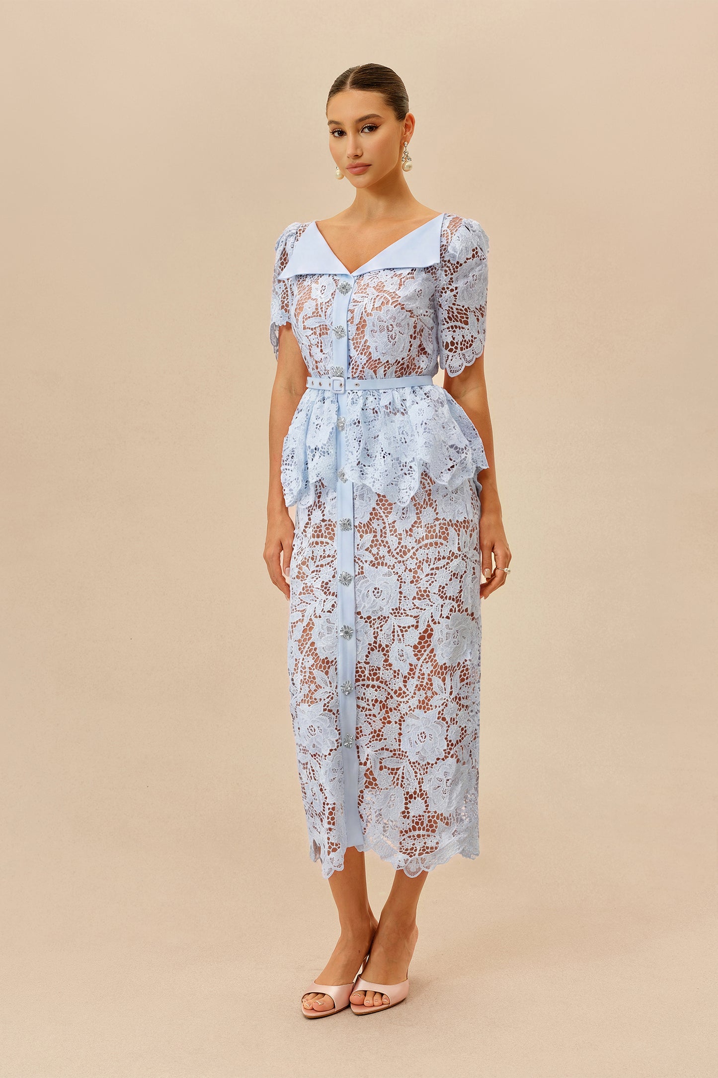 Off-Shoulder Belted Lace Midi Dress in Blue - view 2