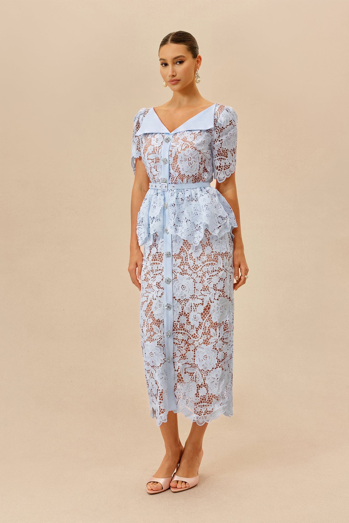 Off-Shoulder Belted Lace Midi Dress in Blue - view 2