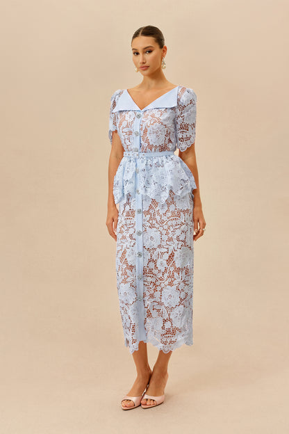 Off-Shoulder Belted Lace Midi Dress in Blue - view 2