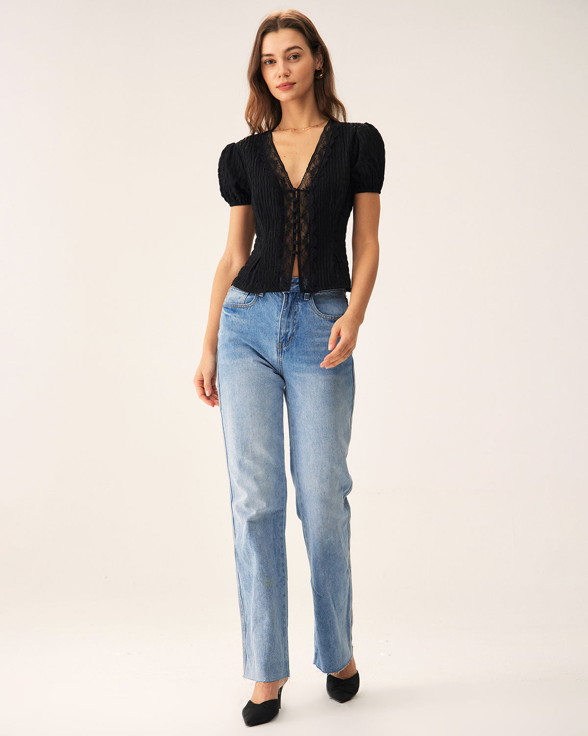 Black Jacquard Puff Sleeve Blouse with Lace Trim - view 5