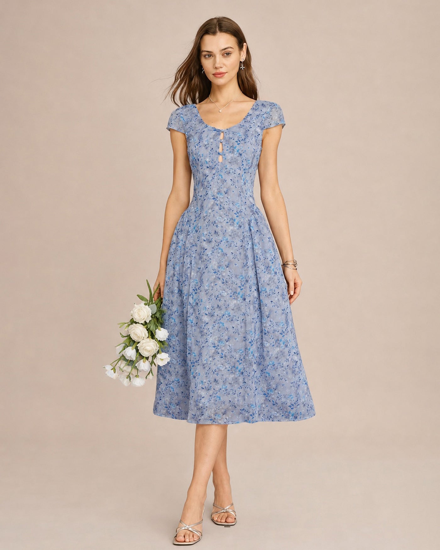 Blue Floral A-Line Button-Front Midi Dress - view 2