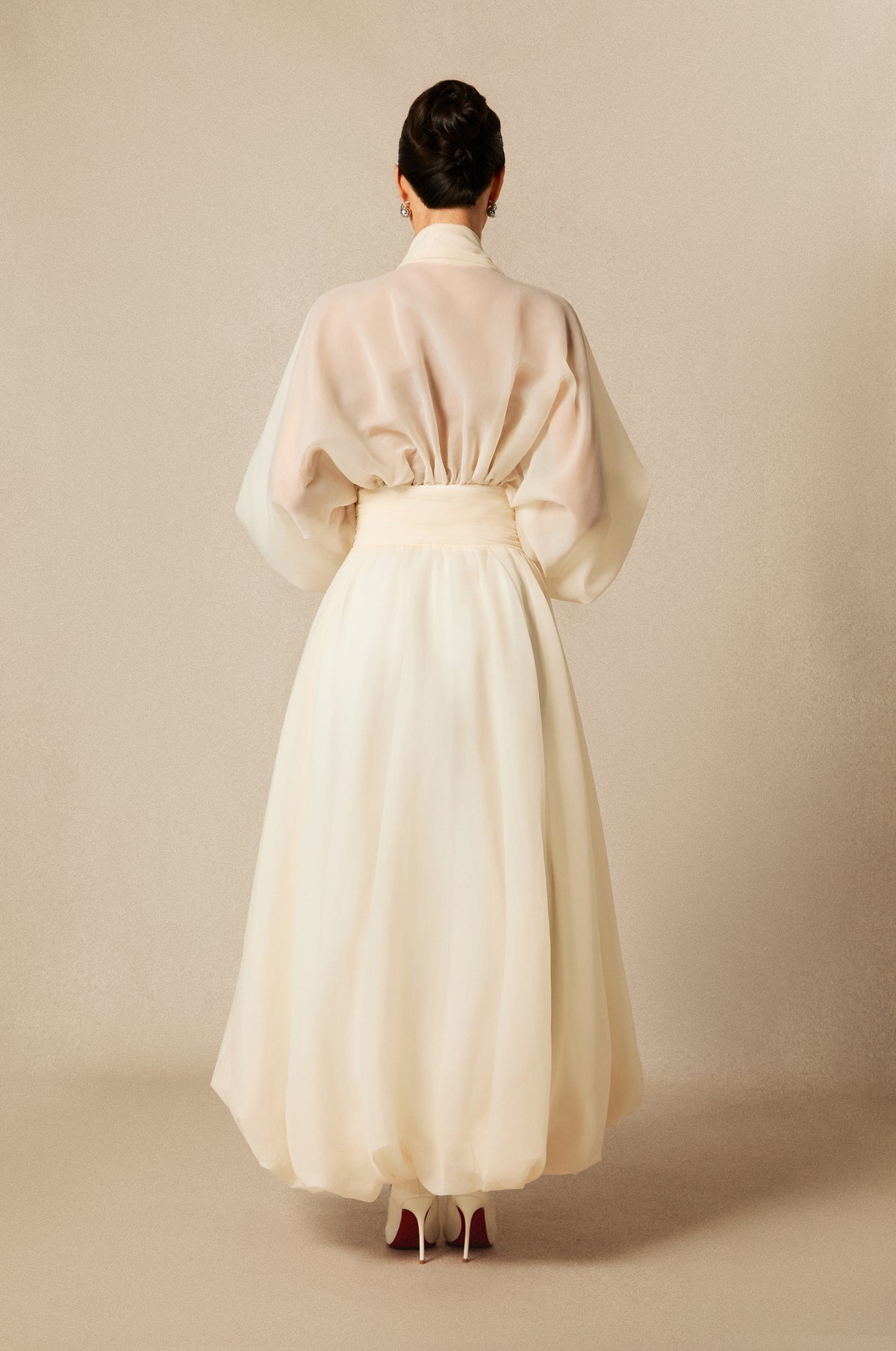 Beige Deep V Puff Sleeve Chiffon Maxi Dress - view 4