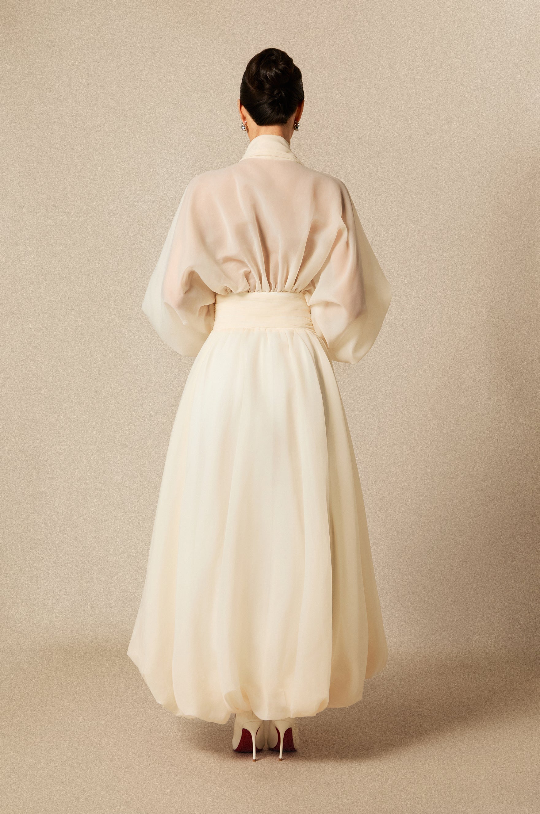 Beige Deep V Puff Sleeve Chiffon Maxi Dress - view 4