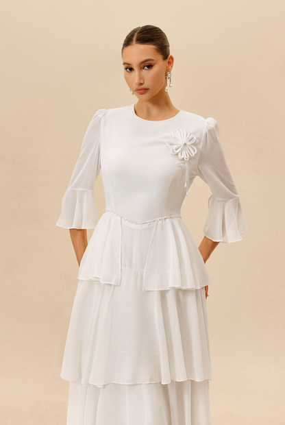 White tiered chiffon maxi dress with flared sleeves - view 3