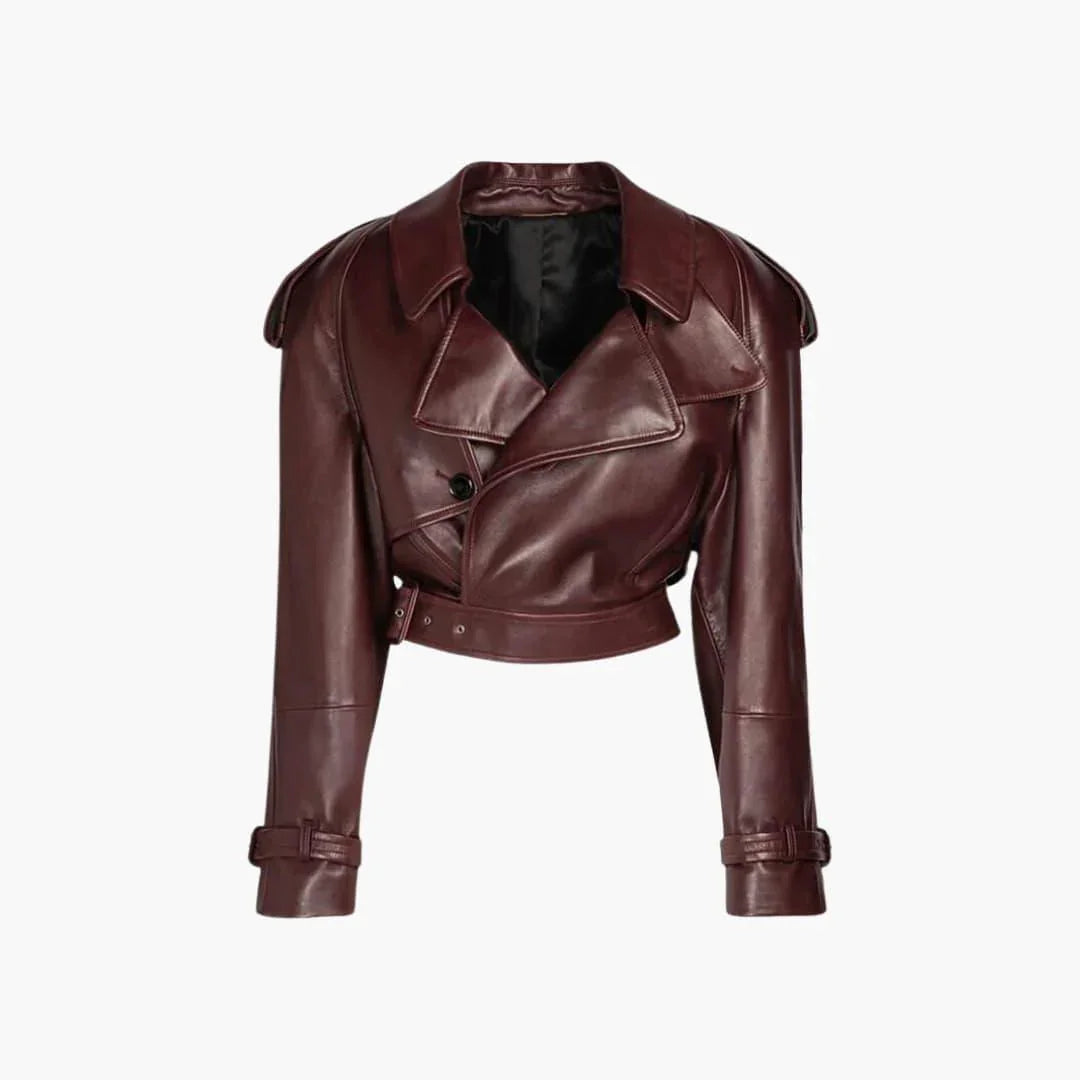 Belted Cropped Leather Biker Jacket in Brown - view 6