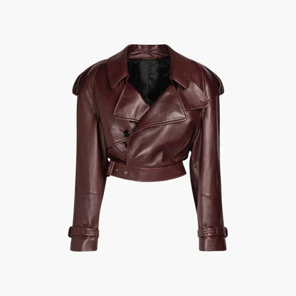 Belted Cropped Leather Biker Jacket in Brown - view 6