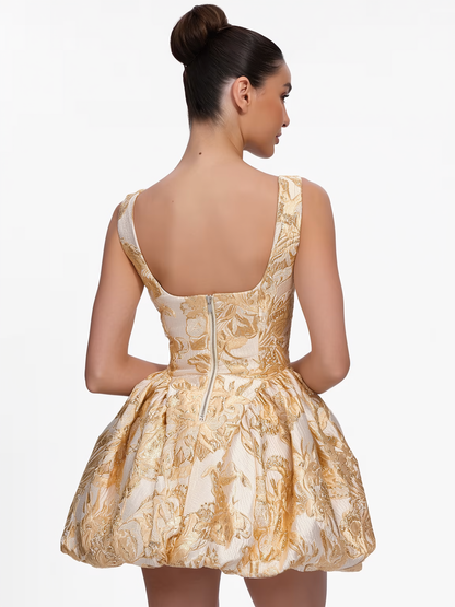 Beige textured floral mini dress with ruched square neck - view 5