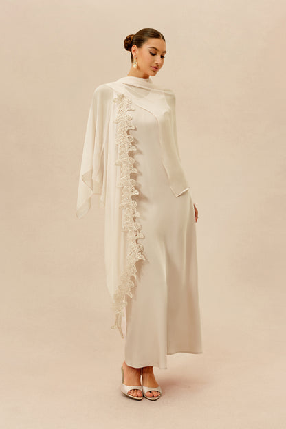Beige Maxi Dress with Lace Cape Overlay - view 5