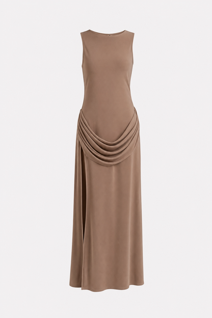 Brown High Slit Maxi Dress with Cowl Waist