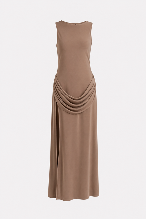 Brown High Slit Maxi Dress with Cowl Waist