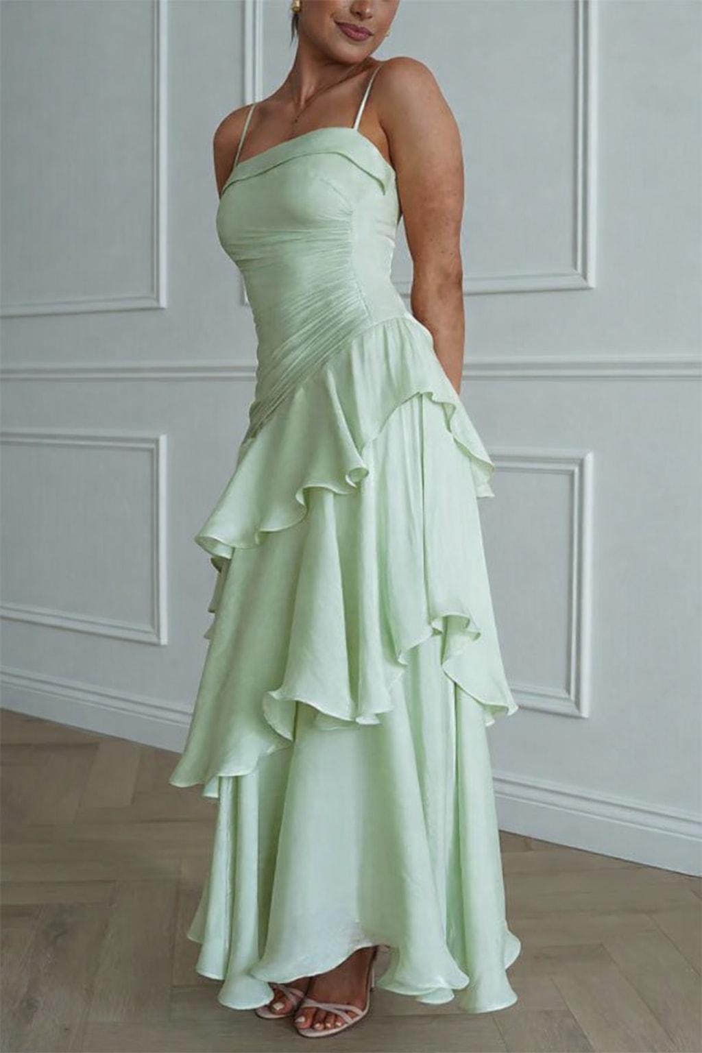Polyester Maxi Dress With Square Neck And Ruffles - 14