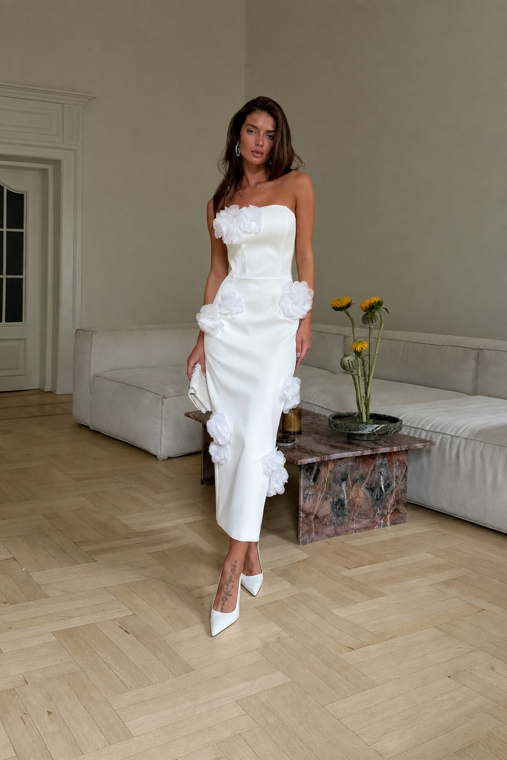 3D Floral Applique Bodycon Midi Wedding Guess Dress - 2