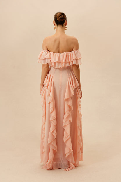 Pink Off-Shoulder Ruffle Maxi Dress - view 4