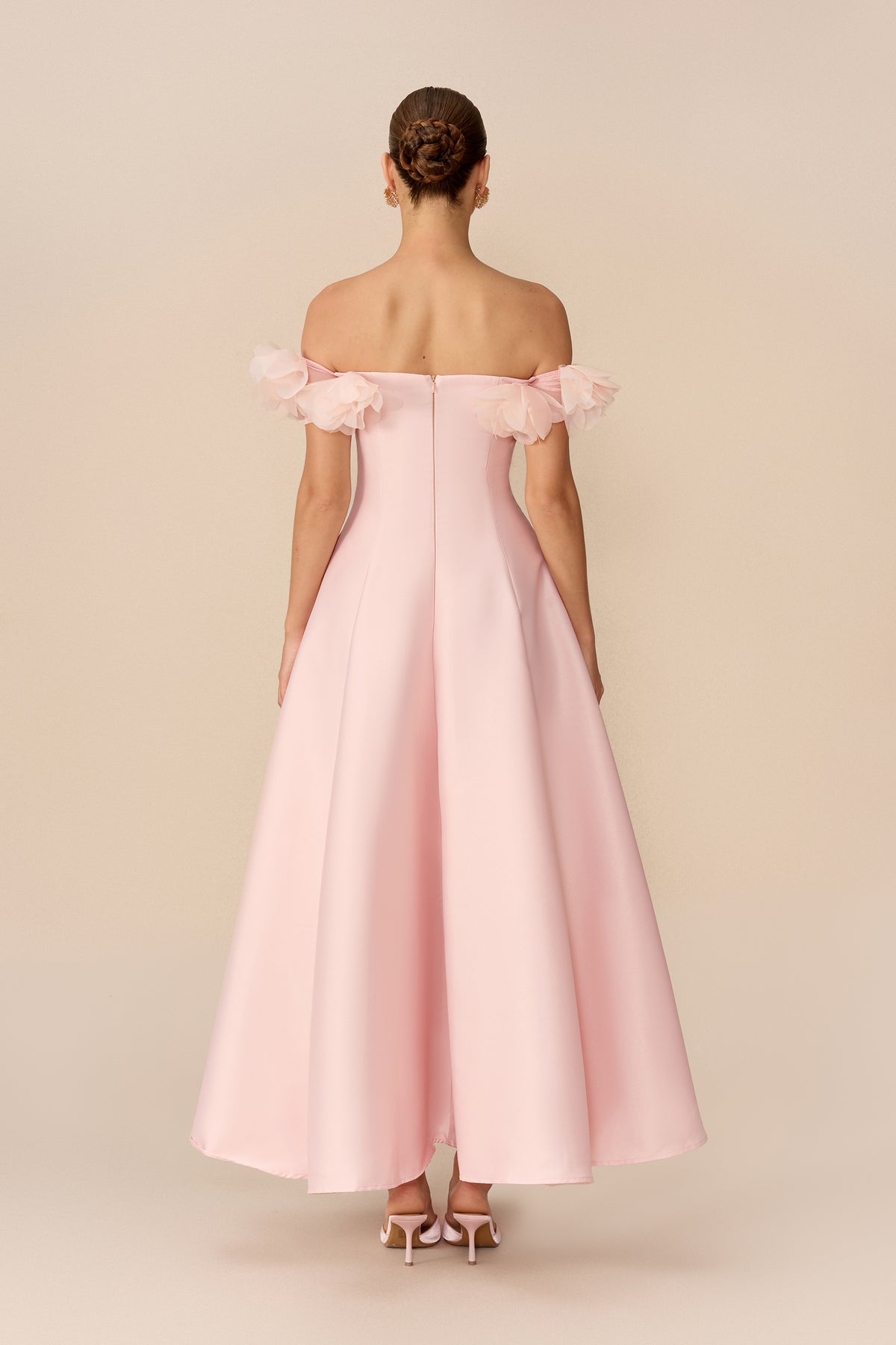 Pink satin off-shoulder maxi dress with floral trim - view 4