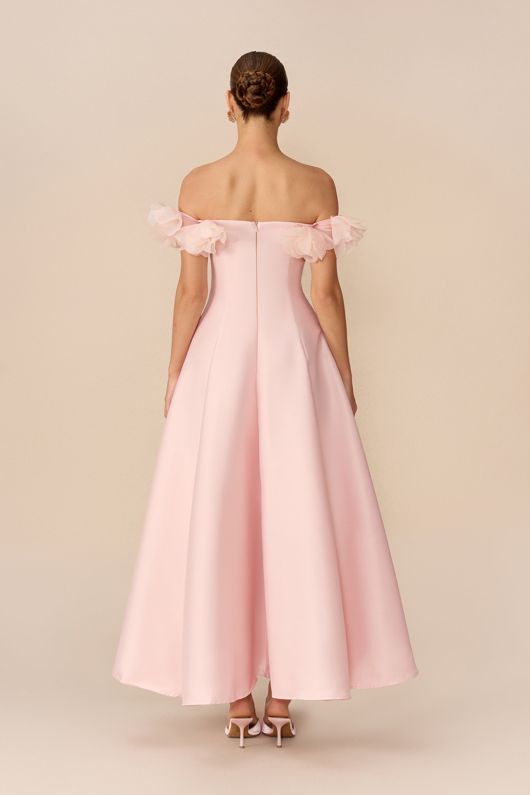Pink satin off-shoulder maxi dress with floral trim - view 4