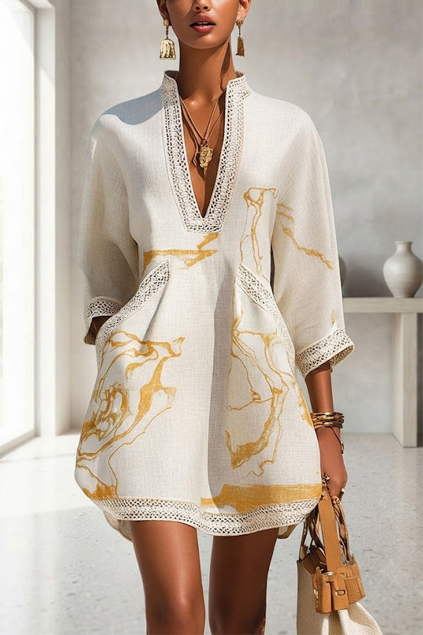 V-Neck Tunic Dress With Three-Quarter Sleeves - view 2