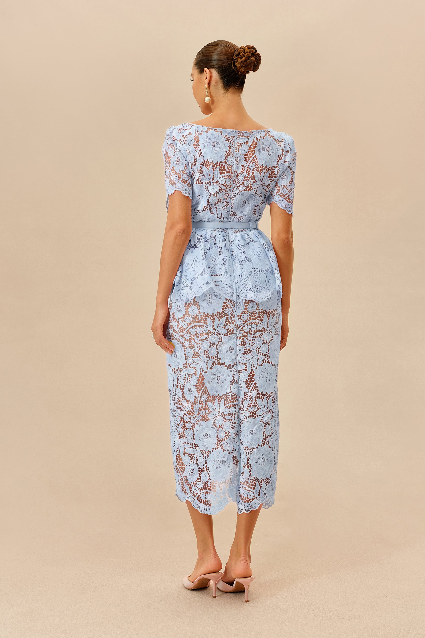 Off-Shoulder Belted Lace Midi Dress in Blue - view 4