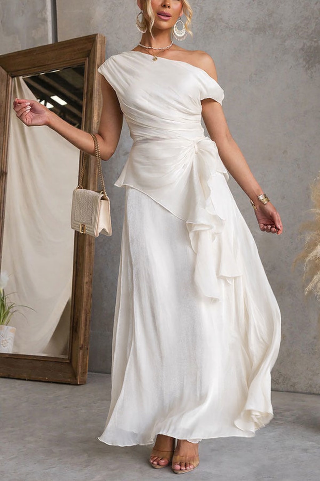 Polyester Set With One-Shoulder Ruched Top & Flare Skirt - 13