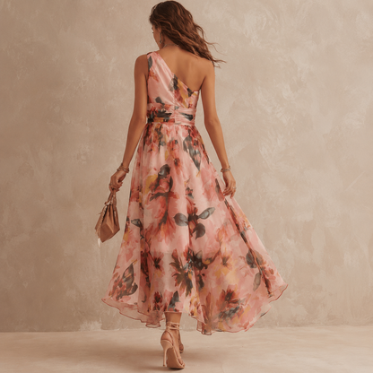 One-Shoulder Watercolor Floral Maxi Dress - view 4