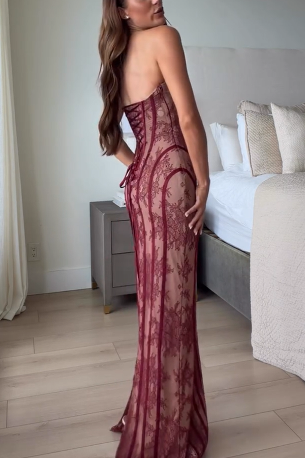Floral Lace Strapless Maxi Dress with Side Slit - view 3