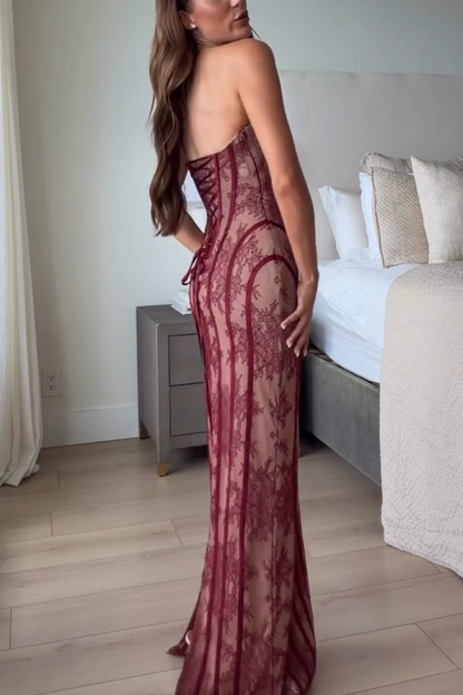 Floral Lace Strapless Maxi Dress with Side Slit - view 3