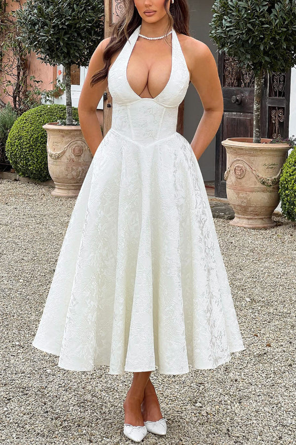 Jacquard Halter Neck Open-Back Midi Dress - view 3