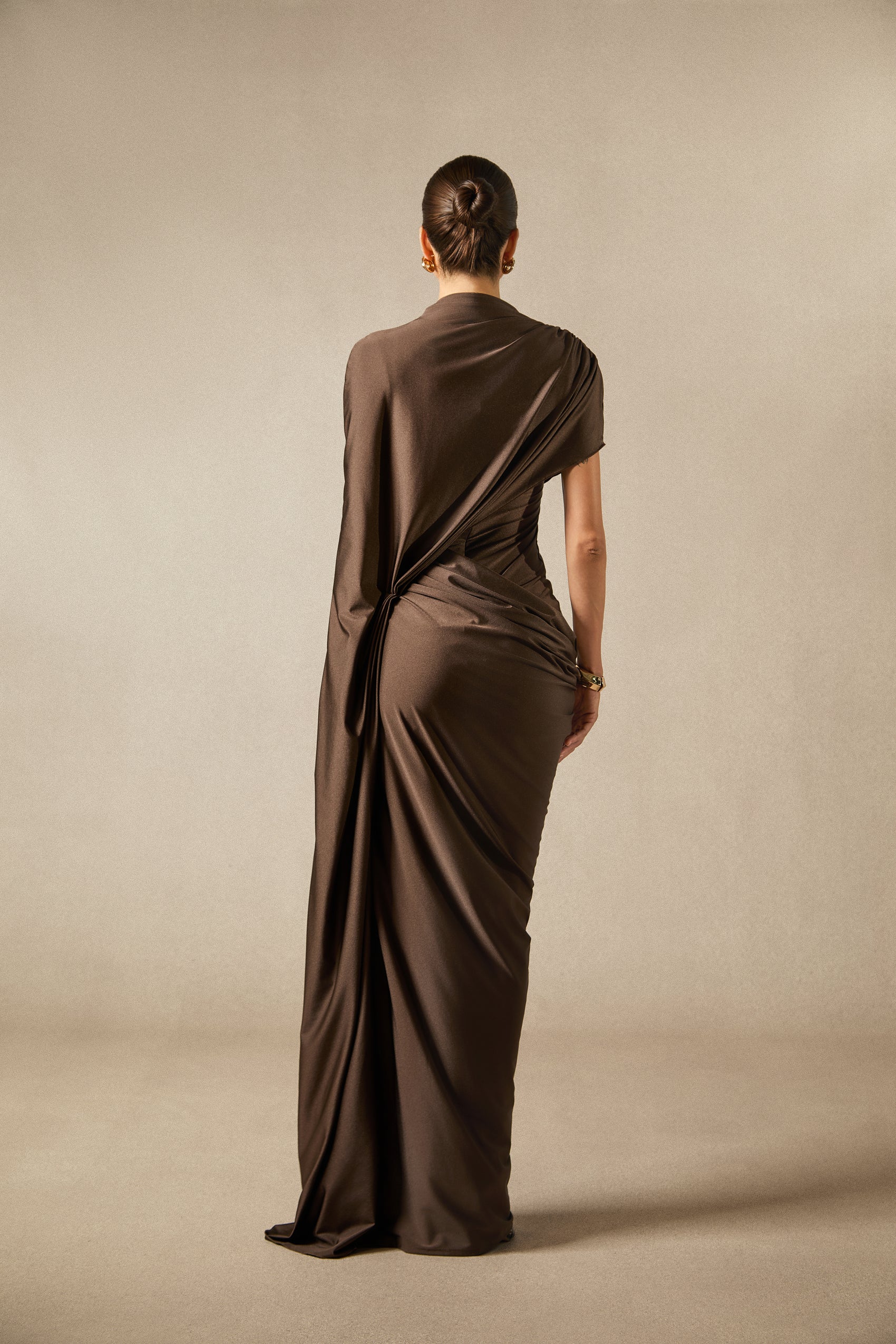 Draped Maxi Dress with Asymmetric Cape Sleeve - view 4