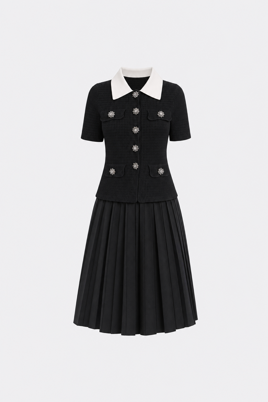 Contrast Collar Knit Top and Pleated Skirt Set