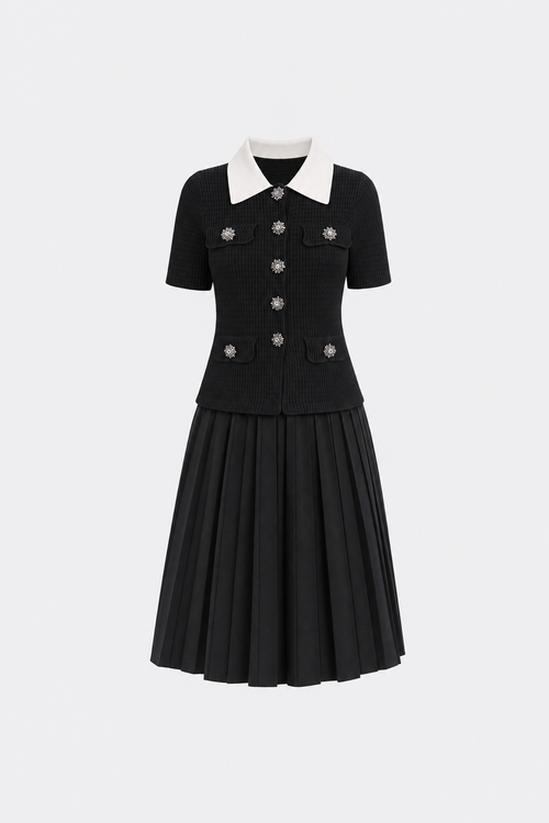 Contrast Collar Knit Top and Pleated Skirt Set