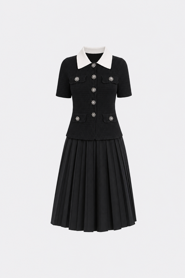 Contrast Collar Knit Top and Pleated Skirt Set
