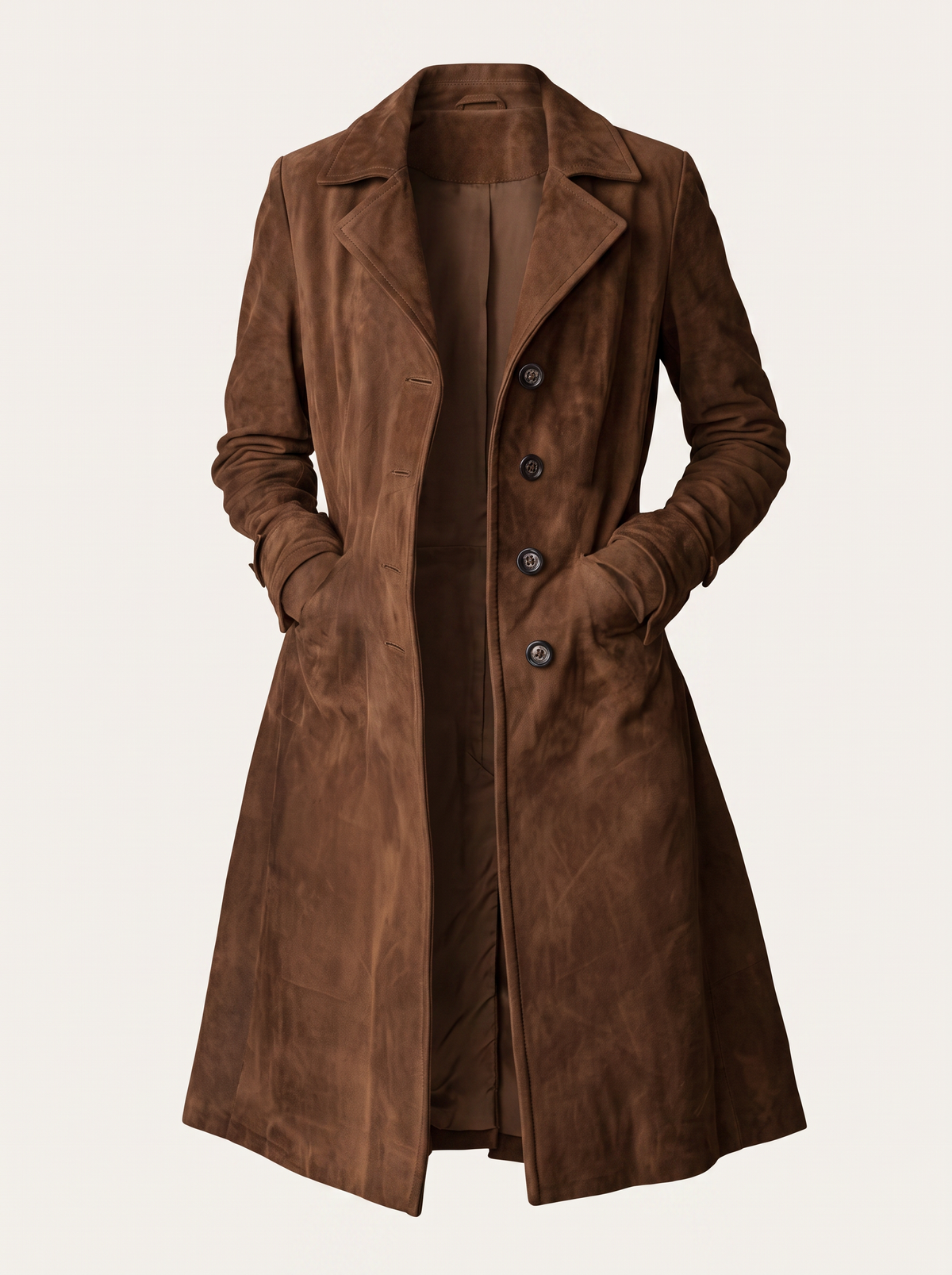 Faux Suede Longline Trench Coat with Pockets