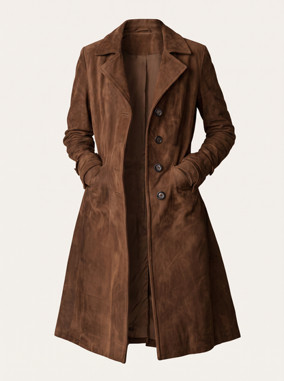 Faux Suede Longline Trench Coat with Pockets