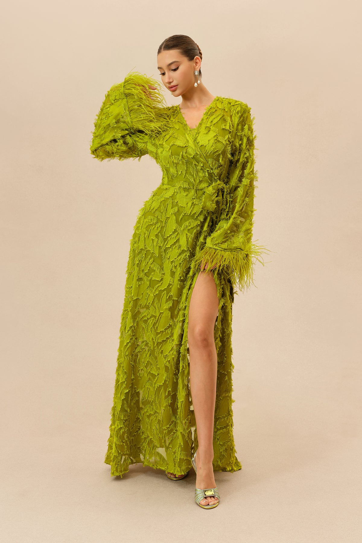 Leaf Applique Wrap Maxi Dress With Slip - view 5