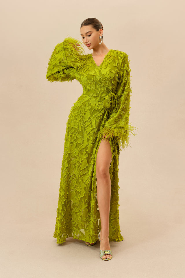 Leaf Applique Wrap Maxi Dress With Fringe Cuffs & Slip - 5