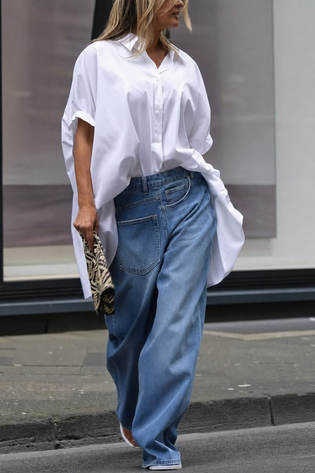 Denim Wide Leg Jeans With Asymmetrical Pockets - 2