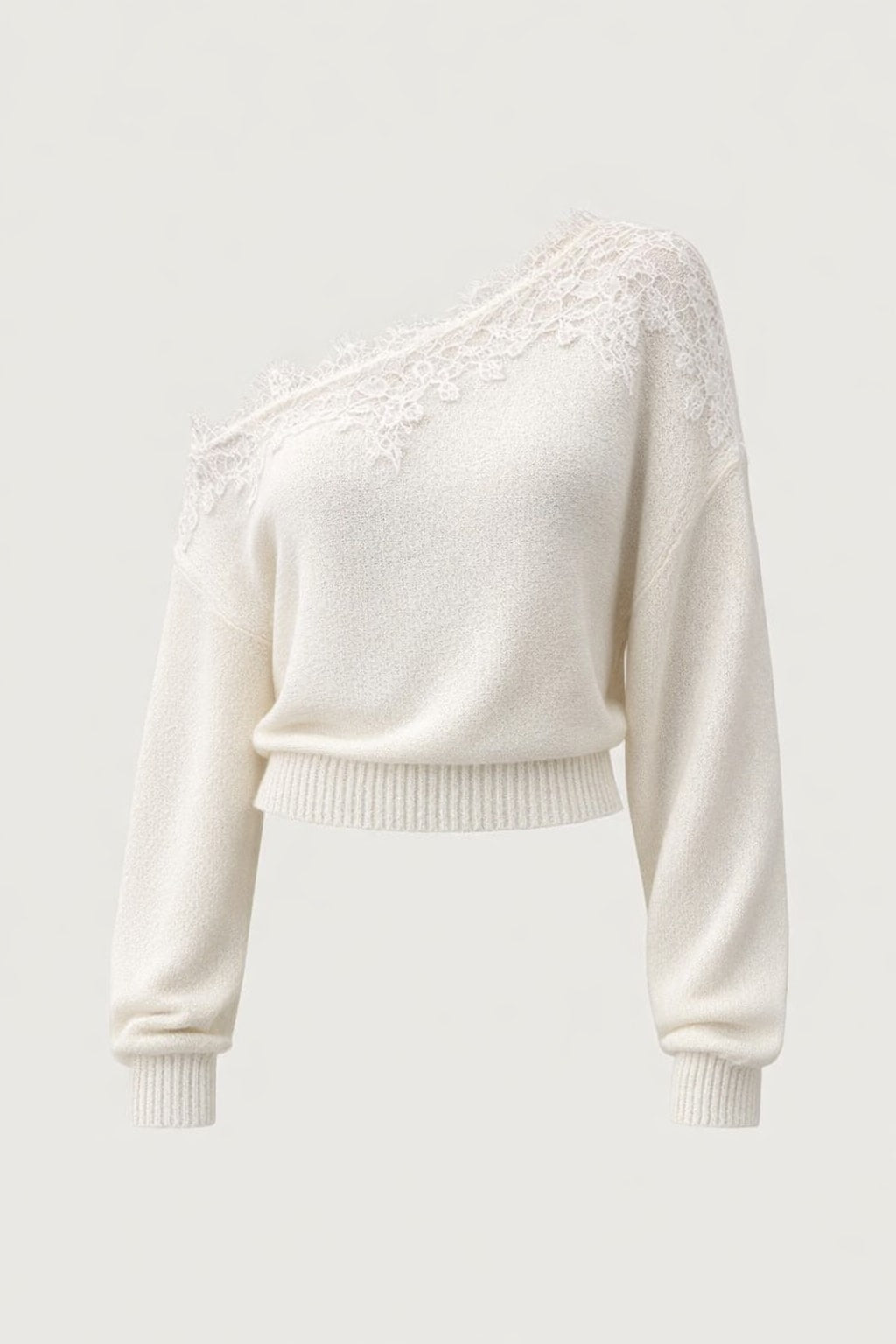 Cotton Cropped Sweater With Off-Shoulder Lace Detail - 1