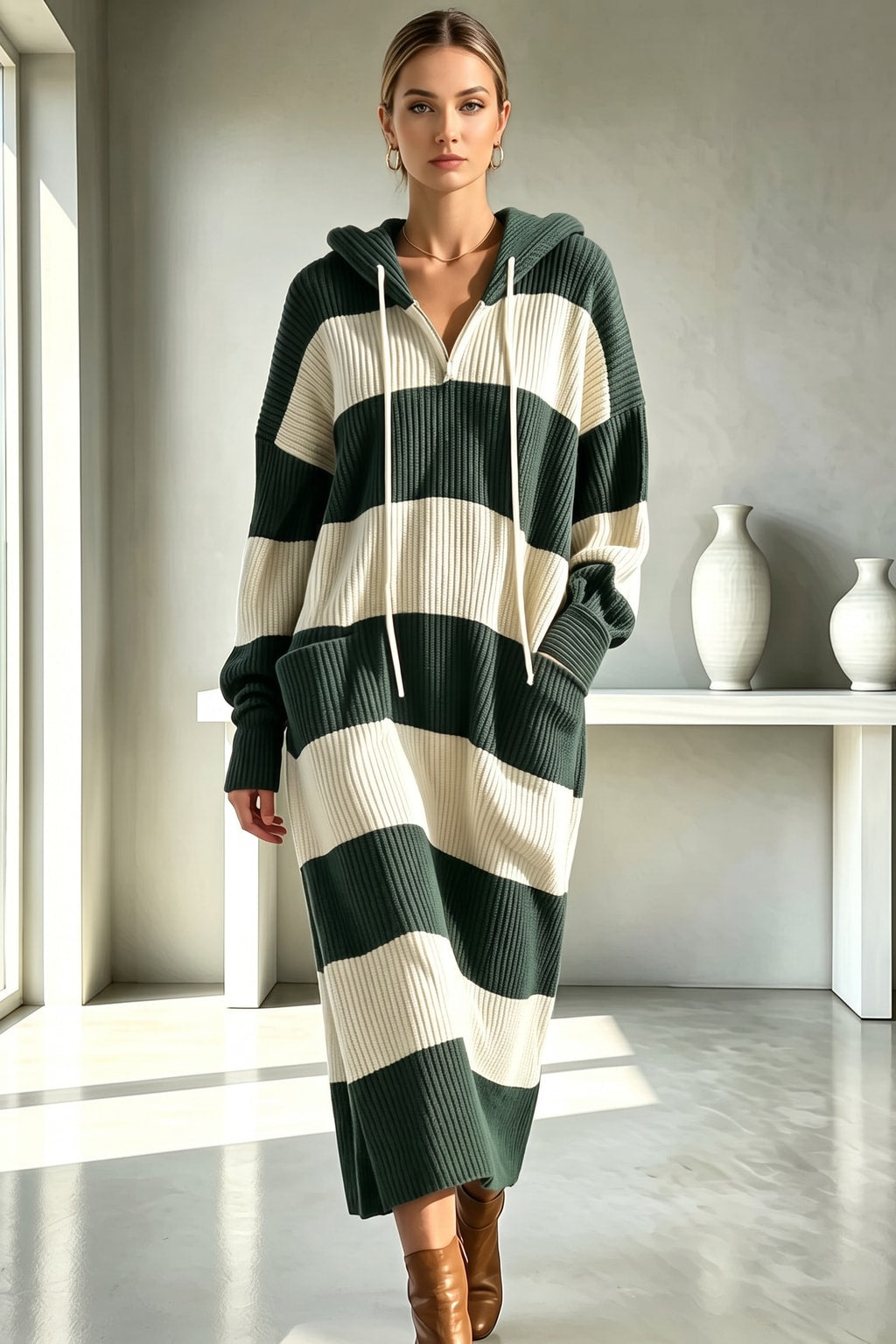 Knit Hooded Sweater Midi Dress - 2