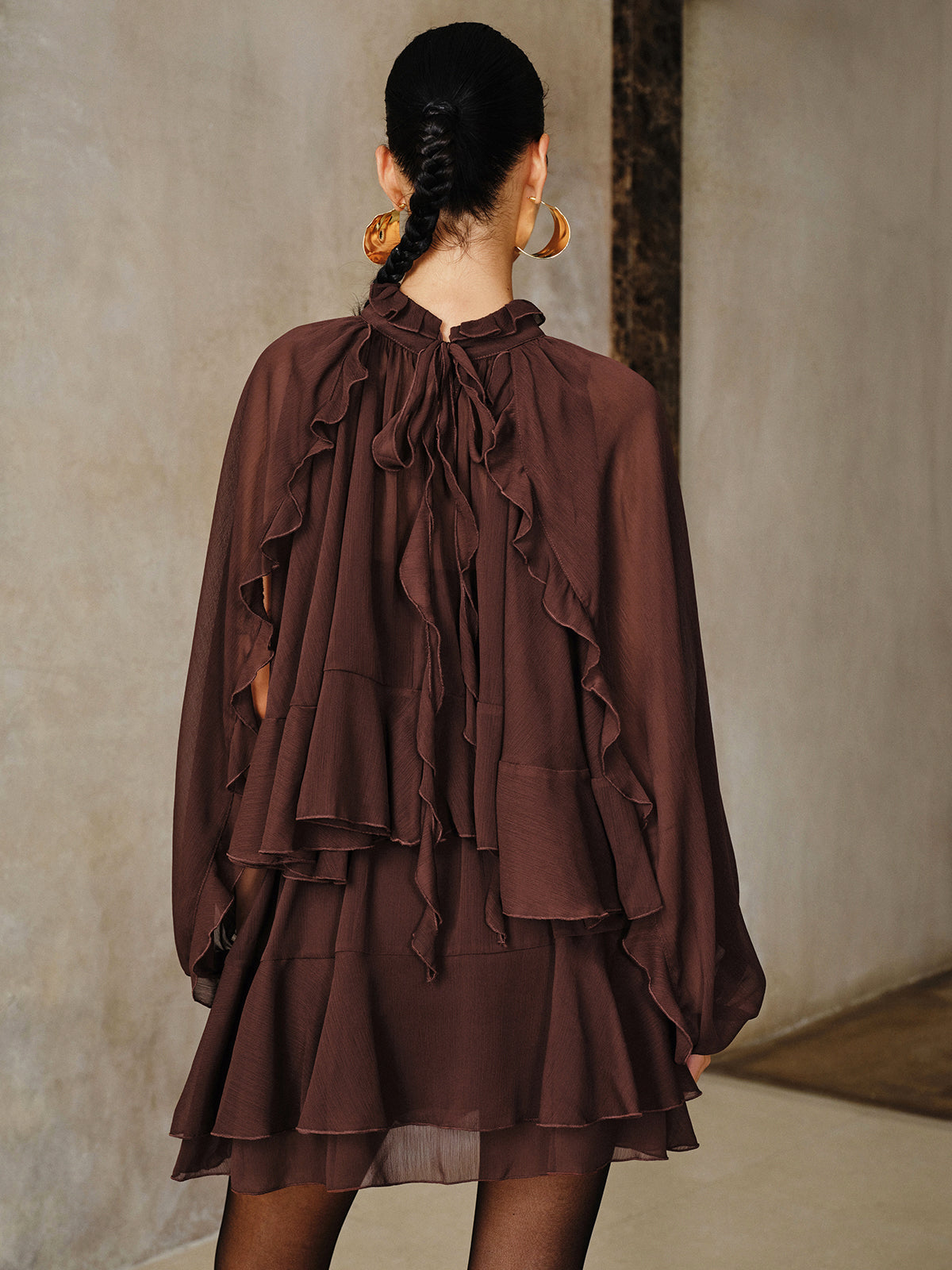 Tiered Ruffle Chiffon Mini Dress, Long Sleeve - view 4