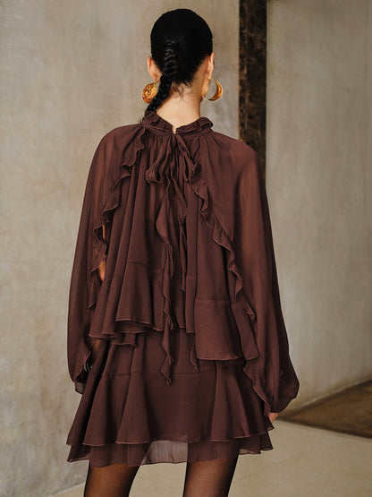 Tiered Ruffle Chiffon Mini Dress, Long Sleeve - view 4