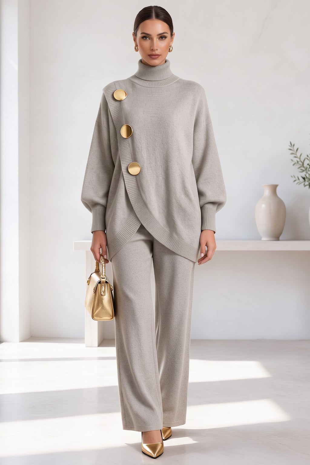 Knit Two-Piece Set With High Neck And Wide Leg Pants - 6