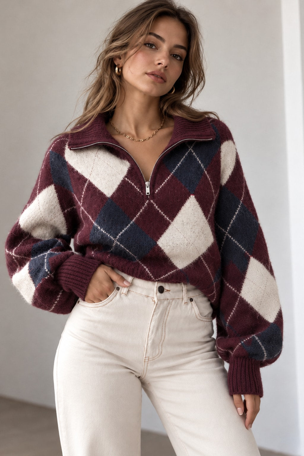 Knit Argyle Sweater Half Zip Pattern - 2