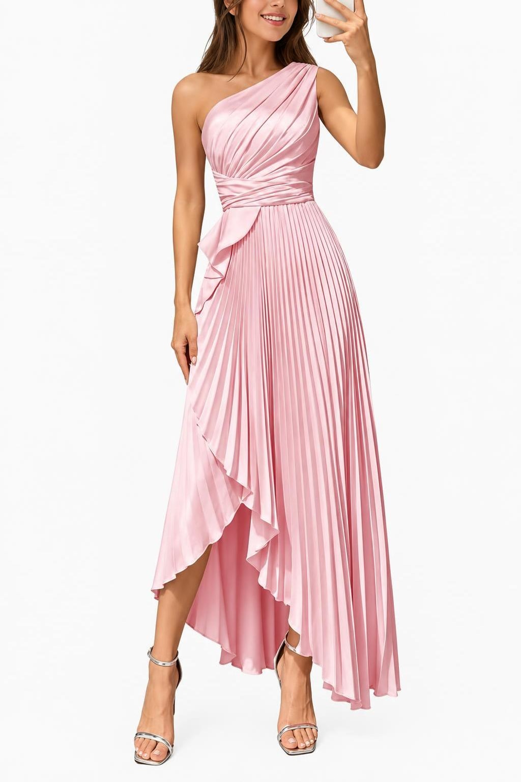 Satin Maxi Dress With One-Shoulder Neckline - 10