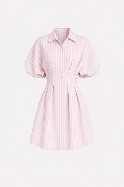 Striped Cotton Blend Shirt Dress, Cinched Waist