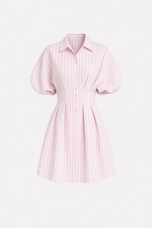 Striped Cotton Blend Shirt Dress, Cinched Waist