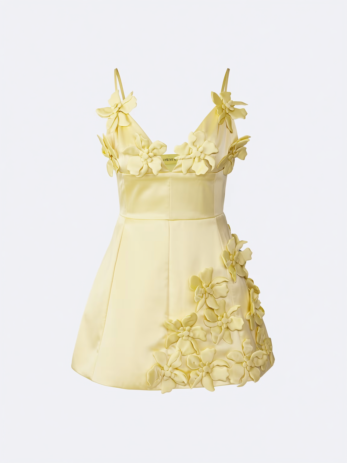 Yellow satin V-neck mini dress with floral applique