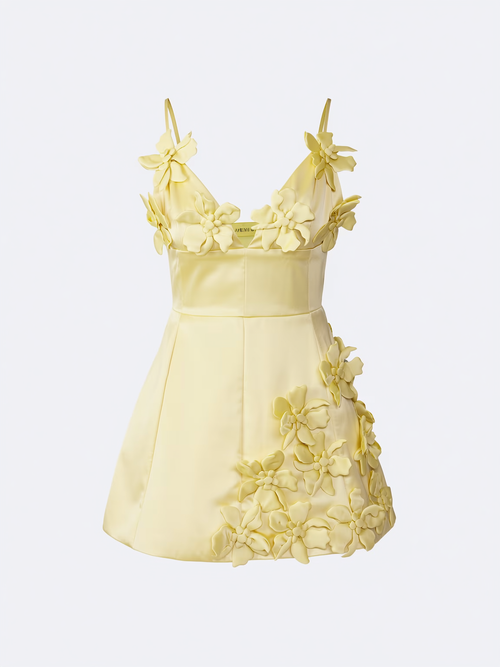 Yellow satin V-neck mini dress with floral applique