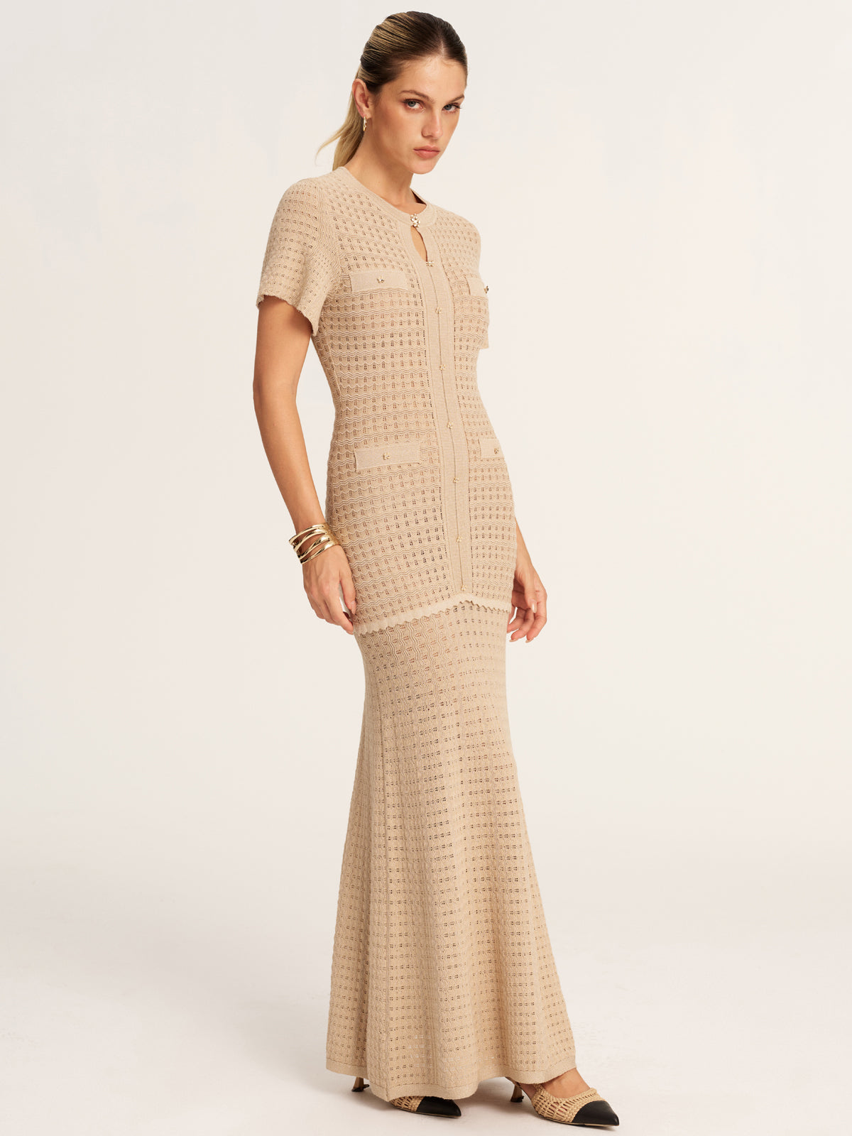 Khaki Crochet Knit Mermaid Maxi Dress - view 2