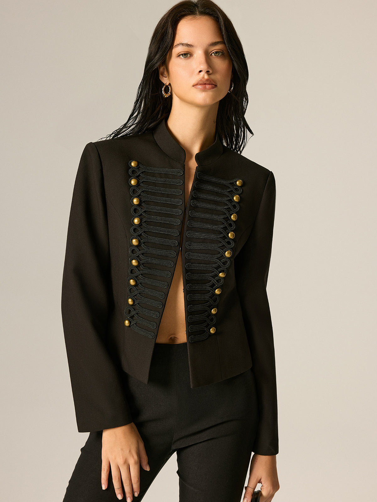 Black Mandarin Collar Blazer, Lined - view 3