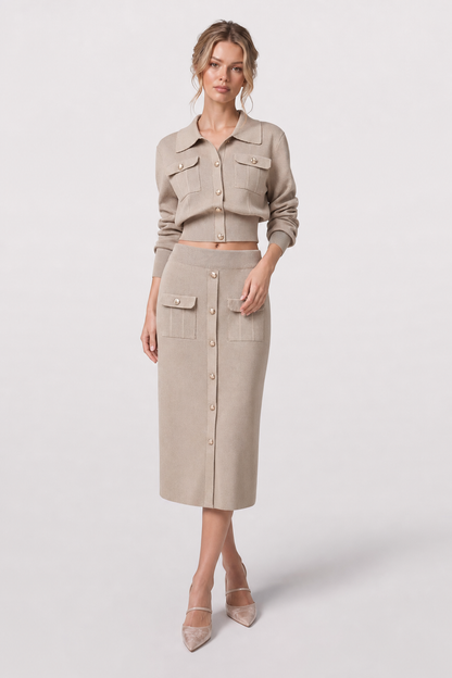Collared Knit Cardigan and Midi Skirt Set - view 2